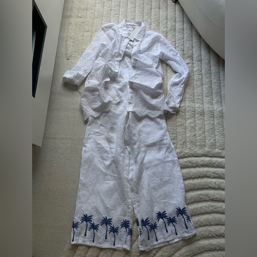 Calypso St. Batrh White Linen Pants Straight Relaxed Palms Embroidery Medium NEW